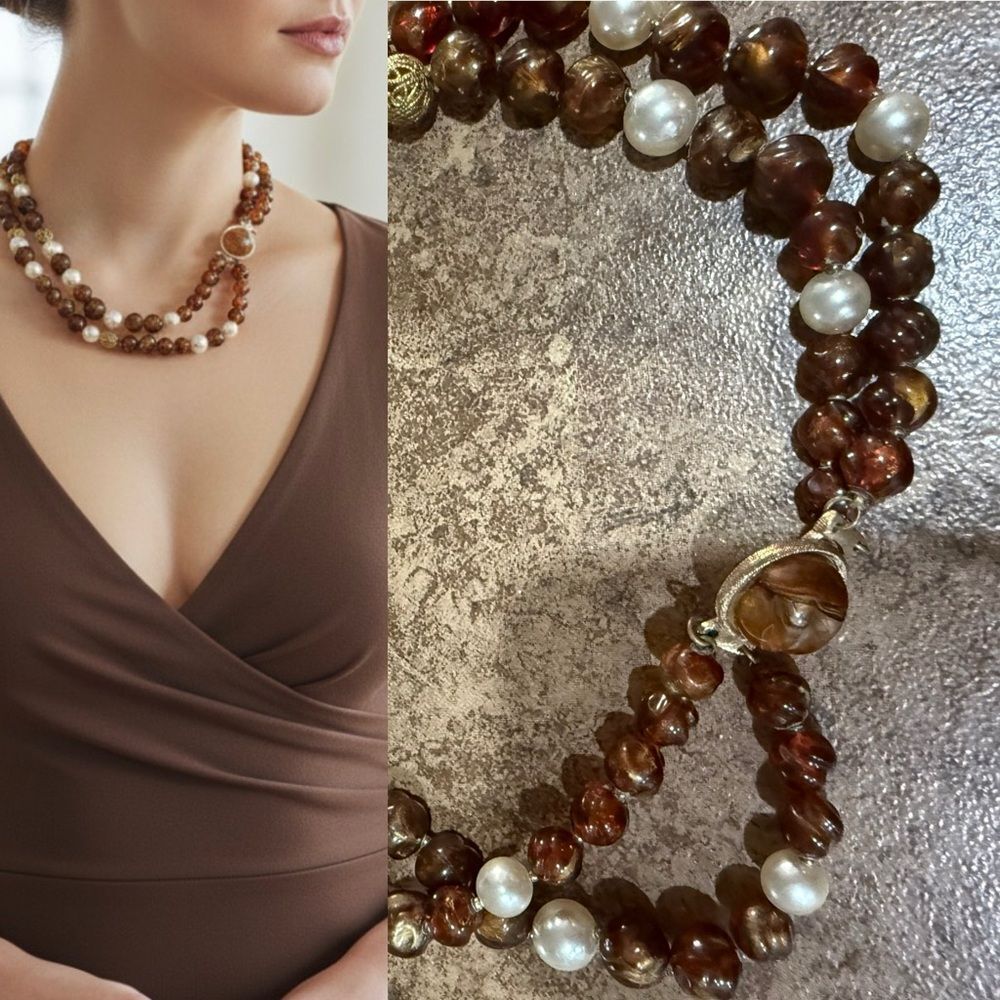 Vintage Brown Glass & Faux Pearl Beaded Necklace Gold Tone